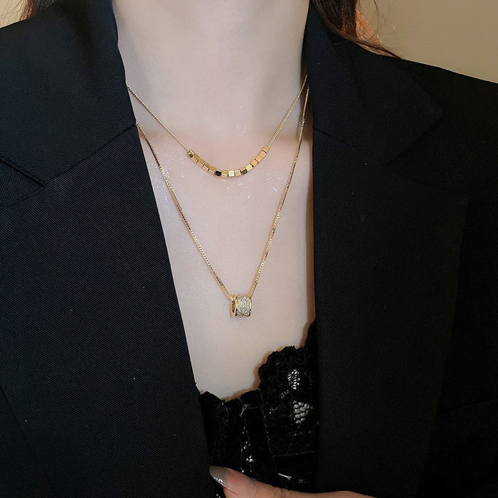 18K Gold Plated Copper Zircon Double Layer Round Geometric Clavicle Necklace