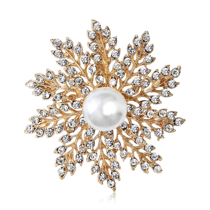 Alloy Rhinestone Pearl Snowflake Brooch For Elegant Women's Apparel