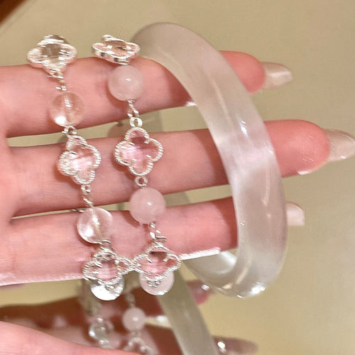 Light Luxury Copper Bangle With White And Pink Crystal Clover Leaf Flower Beads