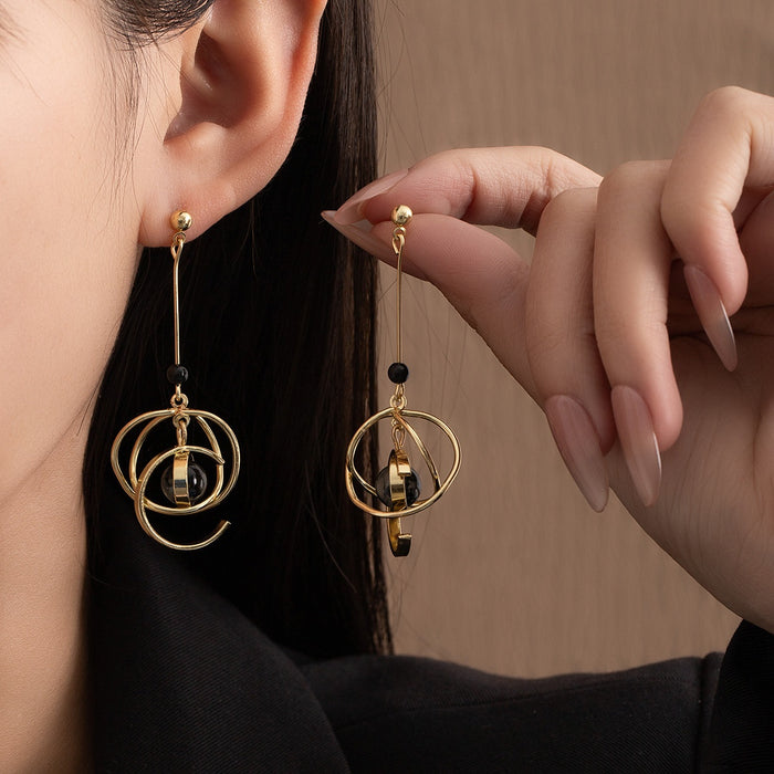 Luxury Alloy Planet Orbit Black Bead Long Drop Stud Earrings For Women Elegant Geometric Pendant Earrings