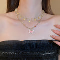 Light Luxury Alloy Rhinestone Enamel Butterfly Pearl Double Layer Choker Necklace view 1