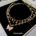 Light Luxury Alloy Rhinestone Enamel Butterfly Pearl Double Layer Choker Necklace view 2