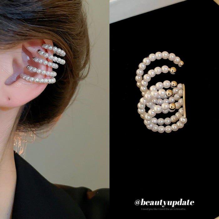 French Light Luxury Multi-Layer Round Faux Pearl Clip-on Earrings, Geometric Ear Cuff Style