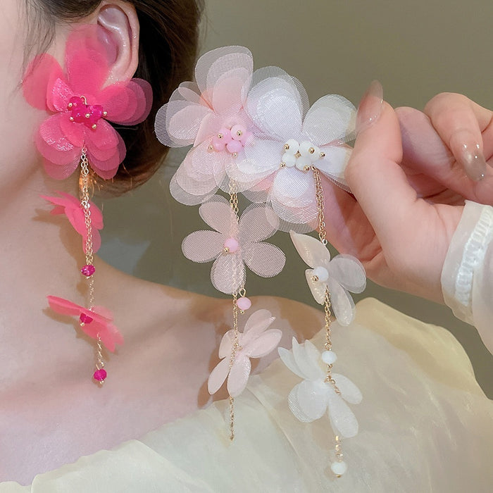 Chic Fabric Chiffon Flower Tassel Drop Earrings For Women Light Luxury Designer Floral Ear Jewelry