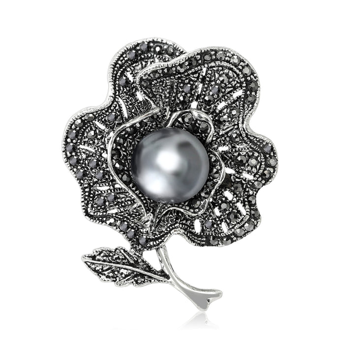Gunmetal Alloy Pearl Flower Brooch Pin For Elegant Apparel