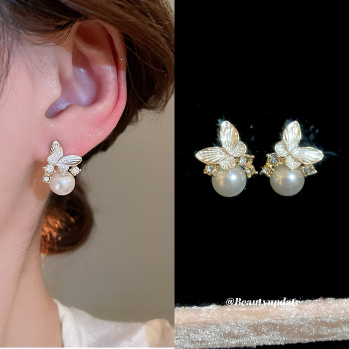 Light Luxury Butterfly Faux Pearl Stud Earrings With Rhinestone Enamel Silver Pins For Women