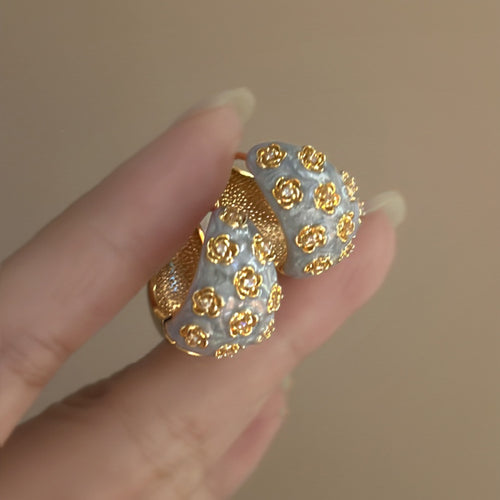 Rhinestone Enamel Flower C-Shaped Alloy Earrings Retro Court Style Light Luxury Letter Ear Cuffs