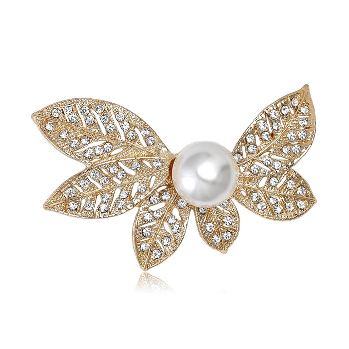 Rhinestone Pearl Alloy Leaf Brooch For Cardigans And Coats
