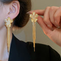 18K Gold Plated Silver Needle Zircon Flower Faux Pearl Long Drop Earrings For Women view 3