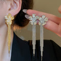 18K Gold Plated Silver Needle Zircon Flower Faux Pearl Long Drop Earrings For Women view 1