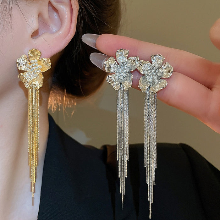 18K Gold Plated Silver Needle Zircon Flower Faux Pearl Long Drop Earrings For Women