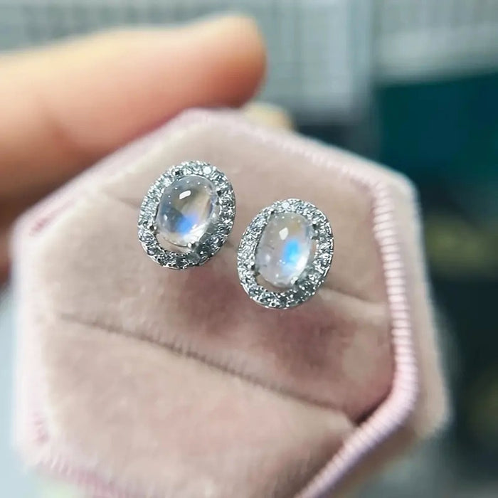 Glossy Faux Moonstone Zircon Micro Pave Stud Earrings, Delicate Daily Wear Women's Jewelry