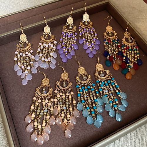 Vintage Ethnic Acrylic Seed Bead Teardrop Tassel Drop Earrings Bohemian Light Luxury Ear Hooks