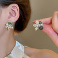 Light Luxury Floral Faux Pearl Stud Earrings With Silver Pins For Women view 2