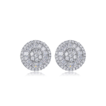 Round Crystal Cluster Stud Earrings in Silver Tone