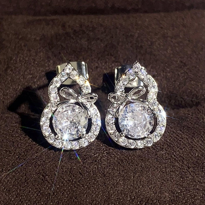 Korean Gentle Gourd Design Stud Earrings With Cute Bow, Elegant Daily Jewelry For Women