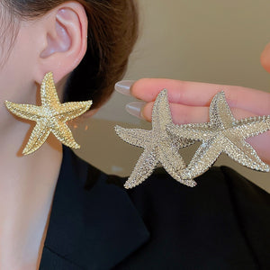 Light Luxury Alloy Wrinkled Starfish Stud Earrings Vintage Statement Ocean Jewelry For Women