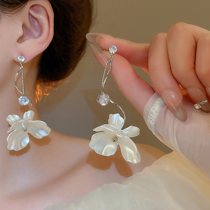 925 Silver Needle Zircon Pearl Flower Tassel Drop Earrings For Women Elegant Vintage Style