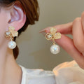 Light Luxury Faux Pearl Flower Stud Earrings With Rhinestone Silver Pins French Vintage Style view 4