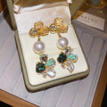 Light Luxury Faux Pearl Flower Stud Earrings With Rhinestone Silver Pins French Vintage Style view 1