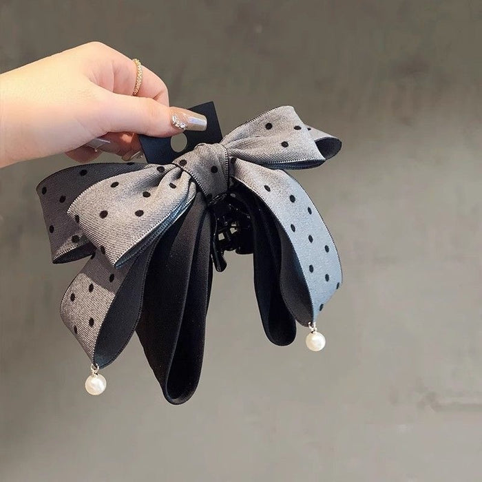 Gray Polka Dot Bow Claw Clip For Voluminous Ponytail