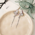 Luxury Pink Rhinestone 3D Butterfly Studs With Crystal Flower Tassel Silver Needle Earrings view 2