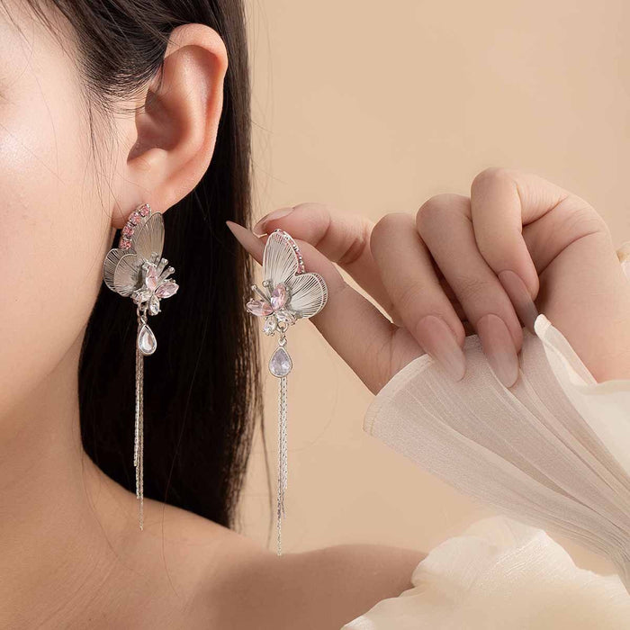 Luxury Pink Rhinestone 3D Butterfly Studs With Crystal Flower Tassel Silver Needle Earrings