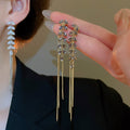 Light Luxury Copper Zircon Wheat Leaf Tassel Drop Earrings For Women Vintage Style view 1