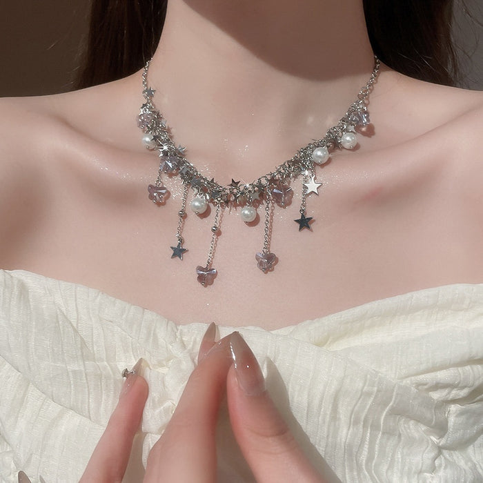 Sweet Stainless Steel Star Butterfly Pearl Tassel Choker Necklace For Spring Summer
