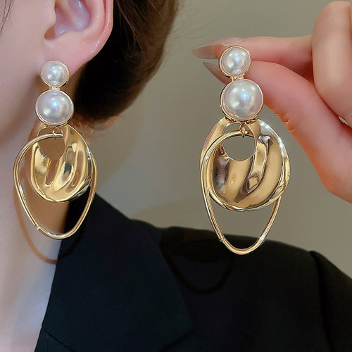 Irregular Round Faux Pearl Stud Earrings, Geometric Statement Light Luxury Western Style