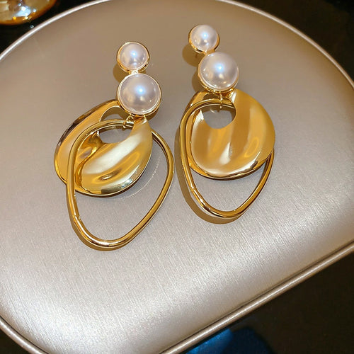 Irregular Round Faux Pearl Stud Earrings, Geometric Statement Light Luxury Western Style