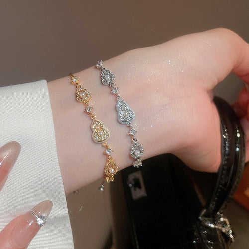 18K Gold Plated Zircon Gourd Faux Pearl Bangle Elegant Light Luxury Geometric Bracelet For Women