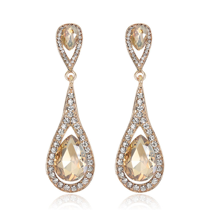 Gold Tone Silver Tone Champagne Open Teardrop Crystal Three Designs Metal Dangle Earrings