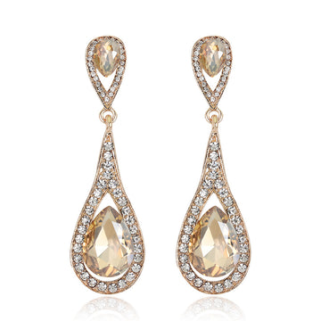 Champagne Crystal Teardrop Dangle Earrings with Sparkling Frames