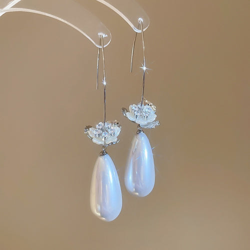 French Chic Zircon Flower Teardrop Pearl Tassel Drop Earrings For Women