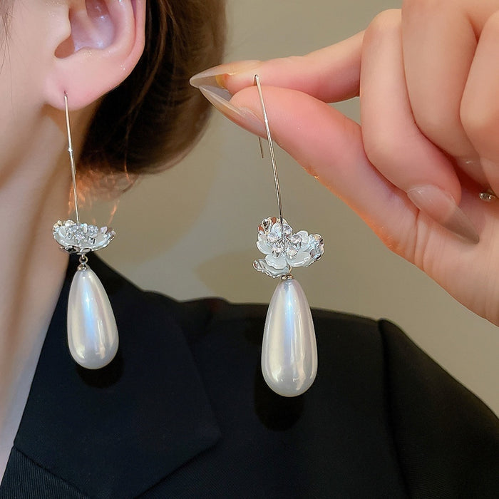 French Chic Zircon Flower Teardrop Pearl Tassel Drop Earrings For Women