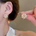 French Light Luxury Copper 3D Flower Zircon Cat Eye Stone Stud Earrings view 3