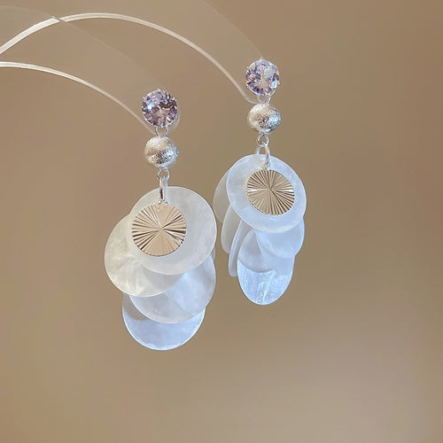 Chic Round Shell Zircon Tassel Drop Earrings With Silver Needle Geometric Design