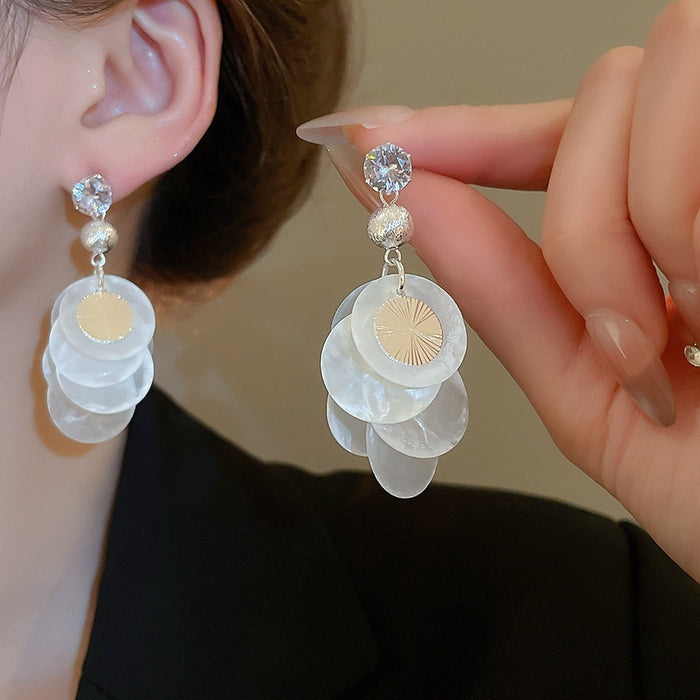 Chic Round Shell Zircon Tassel Drop Earrings With Silver Needle Geometric Design