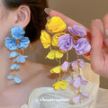 Fabric Chiffon Flower Tassel Drop Earrings Beach Vacation Style Fashion Dangle Earrings view 2