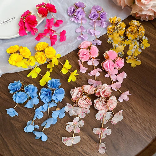 Fabric Chiffon Flower Tassel Drop Earrings Beach Vacation Style Fashion Dangle Earrings