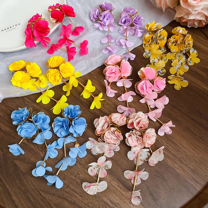 Fabric Chiffon Flower Tassel Drop Earrings Beach Vacation Style Fashion Dangle Earrings