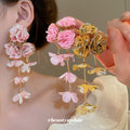 Fabric Chiffon Flower Tassel Drop Earrings Beach Vacation Style Fashion Dangle Earrings view 4