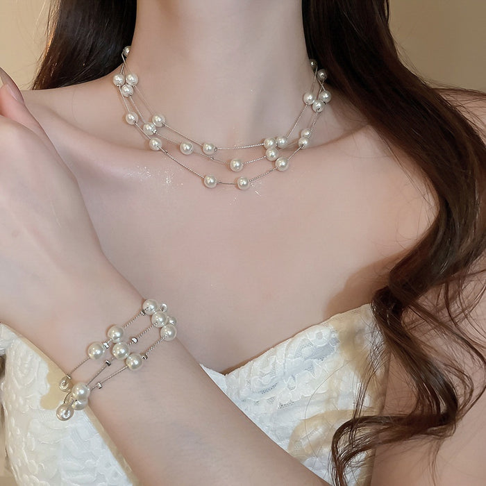 French Light Luxury Irregular Layered Round Faux Pearl Necklace Jewelry Set For Women