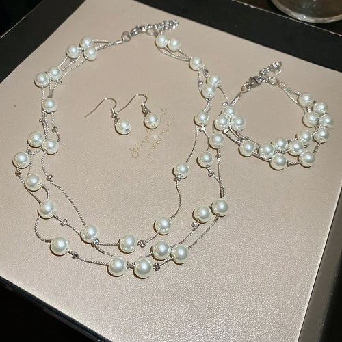 French Light Luxury Irregular Layered Round Faux Pearl Necklace Jewelry Set For Women