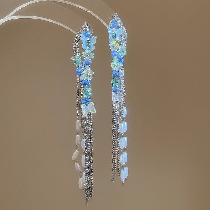 Fresh Sweet Butterfly Rhinestone Faux Pearl Tassel Drop Earrings With Silver Pins
