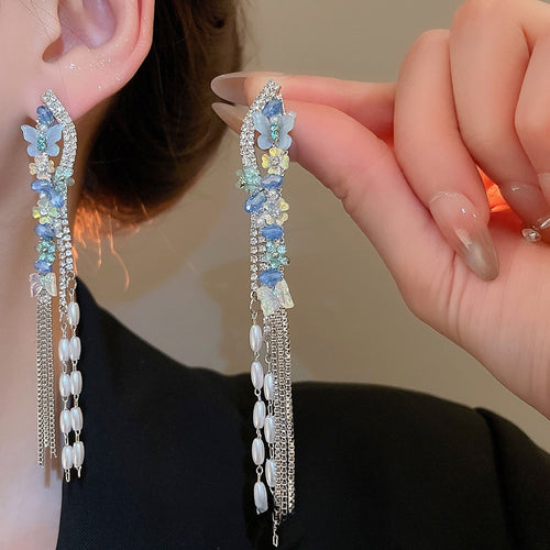 Fresh Sweet Butterfly Rhinestone Faux Pearl Tassel Drop Earrings With Silver Pins