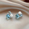 Chic Geometric Square Faux Pearl Zircon Stud Earrings With Silver Pins For Women view 3