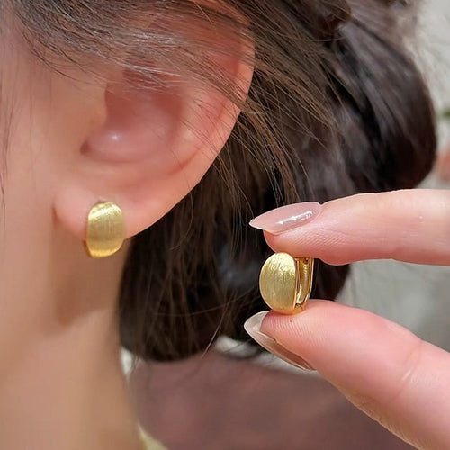 18K Gold Plated Copper Brushed Oval Huggie Earrings, Minimalist Light Luxury Geometric Style