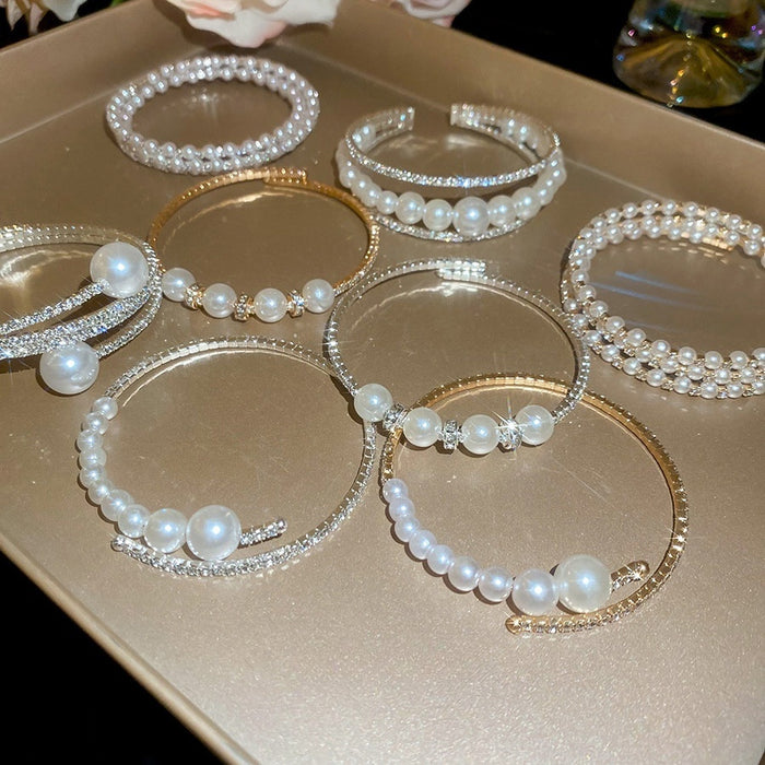 Rhinestone Irregular Multilayer Pearl Open Bangle French Vintage Light Luxury Jewelry